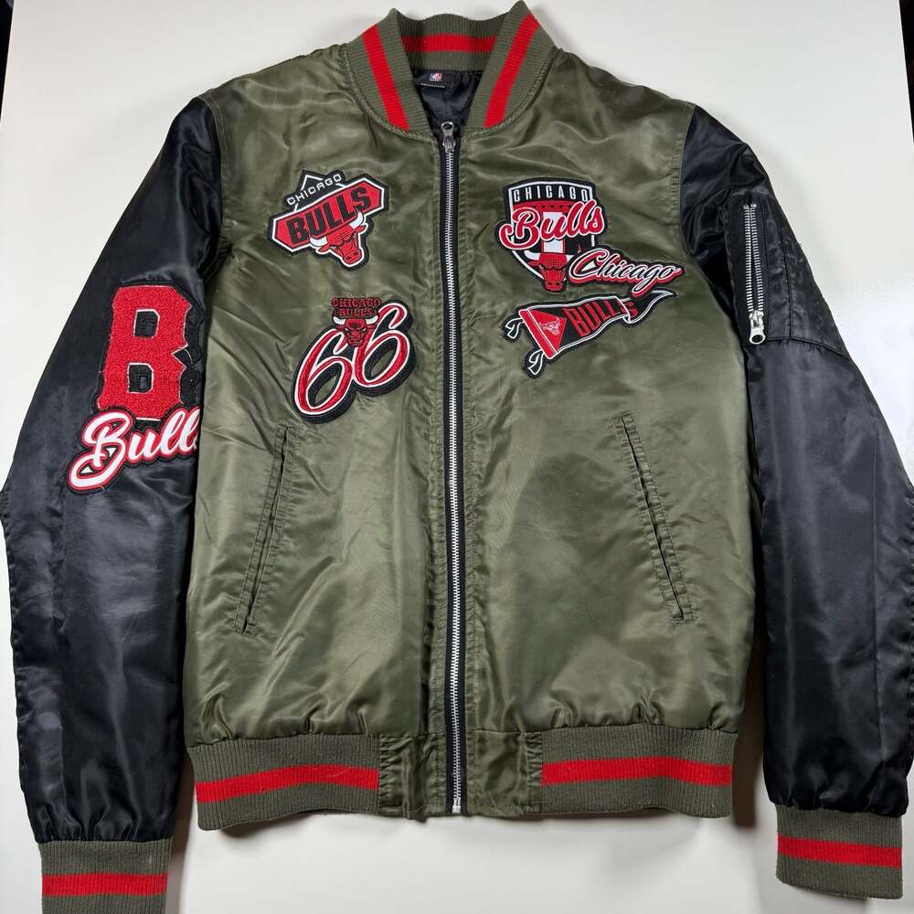 NBA Chicago Bulls Satin Bomber Jacket Olive Green Logo Patches Small